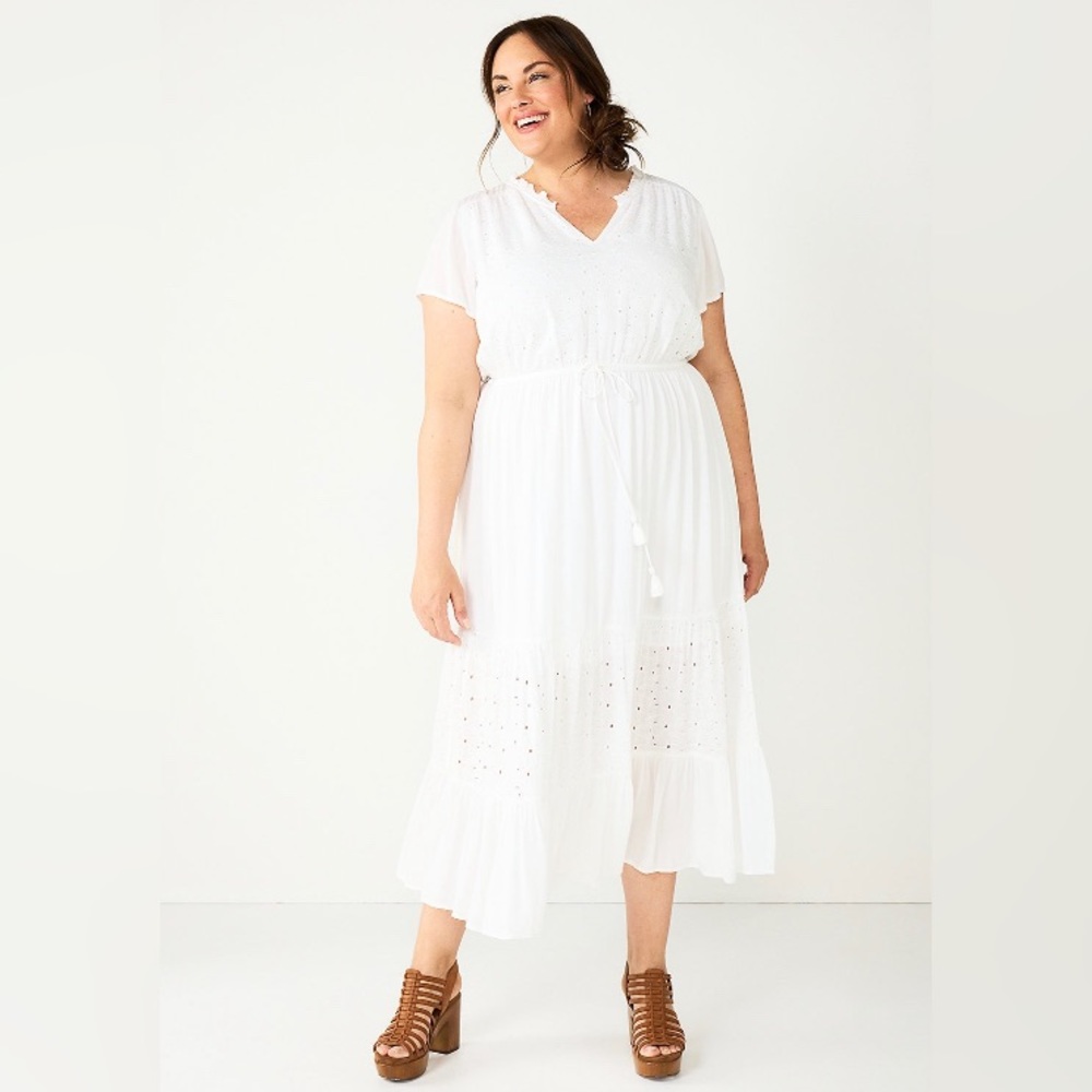 Sonoma Midi Dress 4x White with beautiful details and ruffle bottom!